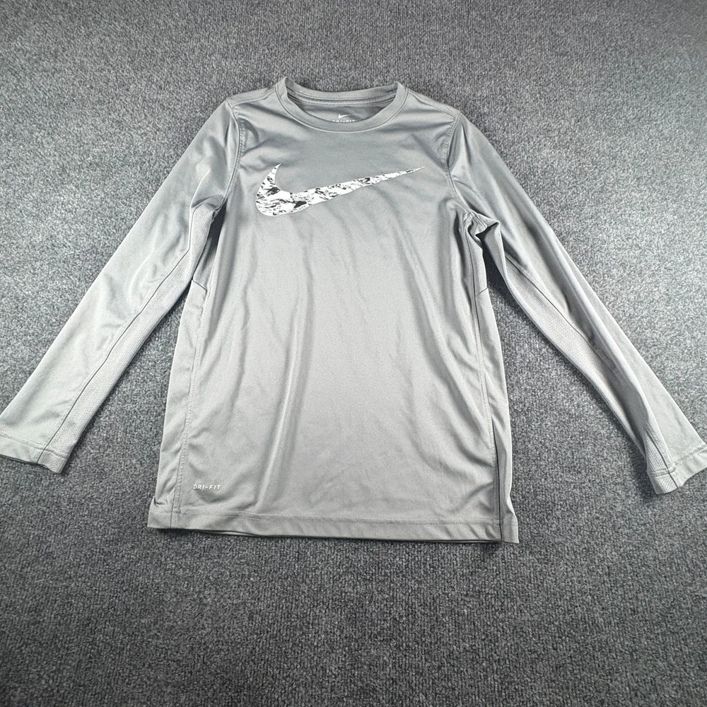 Nike Dri Fit Athletic Shirt Mens Large Gray Crew Neck Big Swoosh Logo Running‎